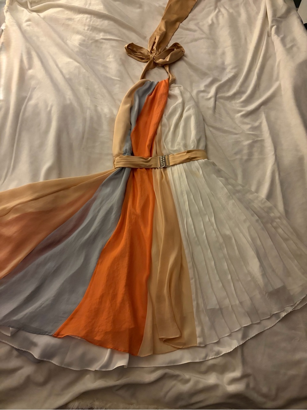 BCBGeneration White and Peach Pleated Halter Dress